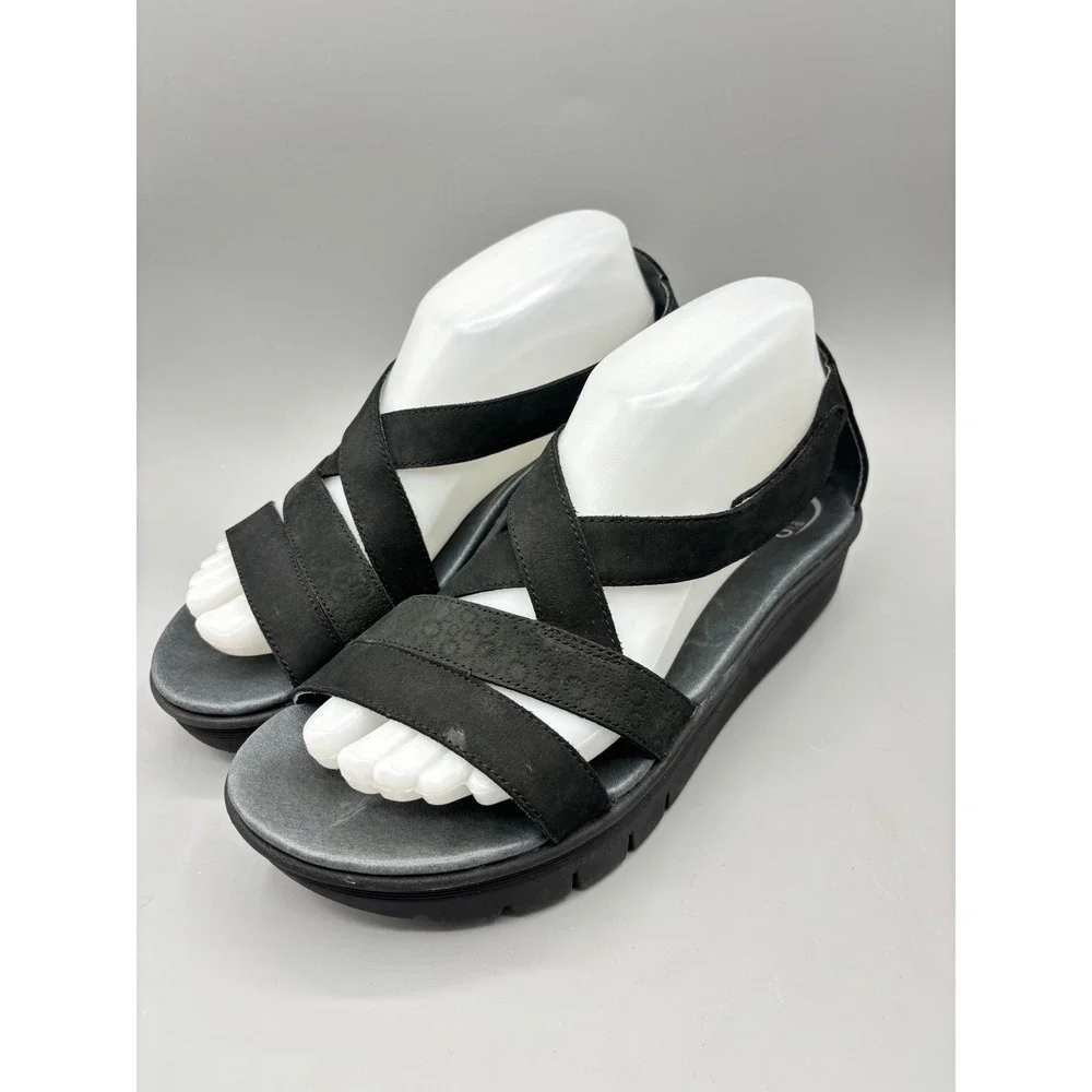 Abeo‎ BIO System Black Nubuck Leather Wedge Sandals Womens 8 N Orthotic  Comfort